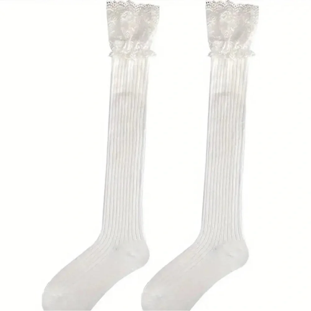 White Lace Top Thigh High Sock-Stockings Sweet JK Style Slim Fit Over The‎ Knee